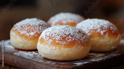 Four delicious, freshly baked, powdered sugar donuts.