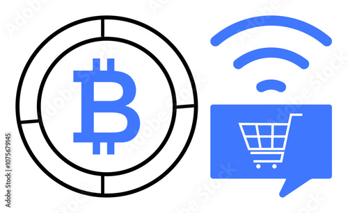 Bitcoin symbol and a shopping cart icon with wireless signals. Ideal for cryptocurrency, e-commerce, online transactions, digital currency, mobile payments, financial technology, blockchain. Line