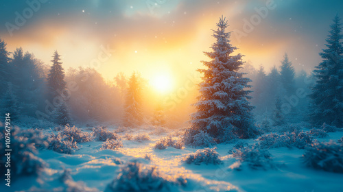 Enchanting Winter Wonderland with Decorated Christmas Tree and Snowy Pine Forest