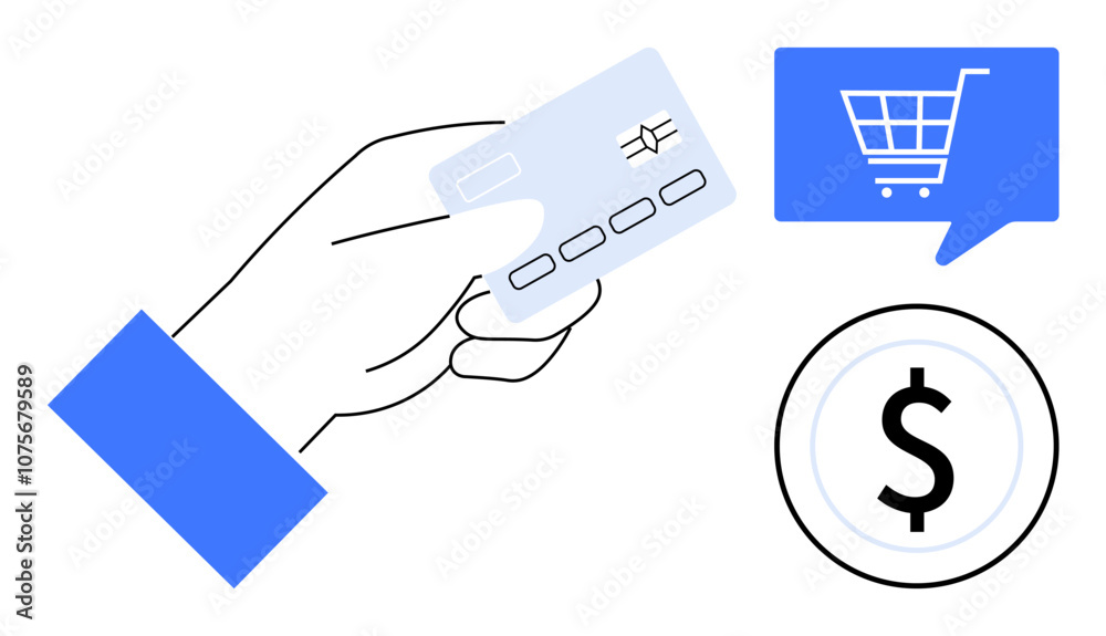 Hand holding credit card, blue shopping cart speech bubble, and dollar sign circle illustrating online payment. Ideal for e-commerce, online shopping, digital transactions, payment gateways Hand holding credit card, blue shopping cart speech bubble, and dollar sign circle illustrating online payment. Ideal for e-commerce, online shopping, digital transactions, payment gateways