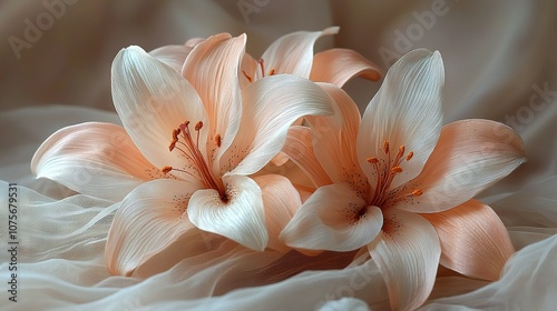  A sharp focus of vibrant flower petals against a white cloth backdrop, with a slightly blurred petal detail