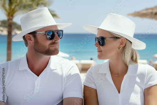 Couple at seaside resort. Man and woman in white shirts and hats relax in wicker chair under palm trees on seashore