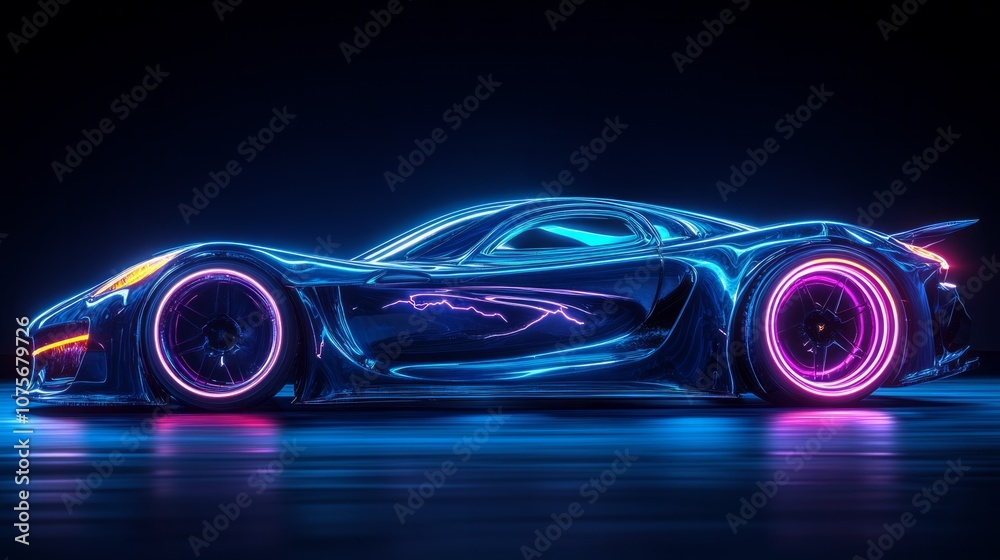 A fast moving sports car, very exaggerated motion, neon effects, lightning on the wheels, dark blue background A fast moving sports car, very exaggerated motion, neon effects, lightning on the wheels, dark blue background