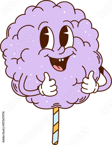 Cartoon groovy cotton candy fast food character. Isolated vector purple, fluffy retro personage with sweet smile and sugar-spun tendrils, embodying sugary joy and delight in a vibrant fantasy world