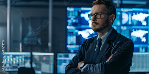 Confident Business Leader Analyzing Data, Financial Market Monitoring in Control Room