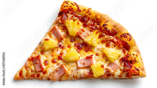 Top View of a Hawaiian Pizza Slice with Pineapple, Ham, and Melted Cheese, Offering a Perfect Balance of Sweet and Savory Flavors in Every Bite