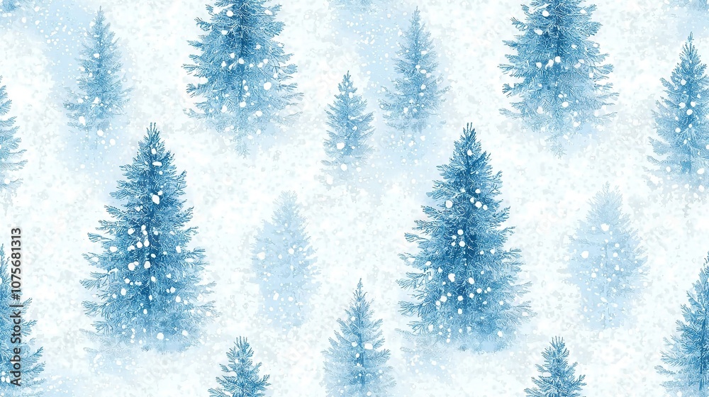 Blue and white background featuring numerous snow-capped trees with snowflakes cascading from their tops, creating a serene winter scene Blue and white background featuring numerous snow-capped trees with snowflakes cascading from their tops, creating a serene winter scene