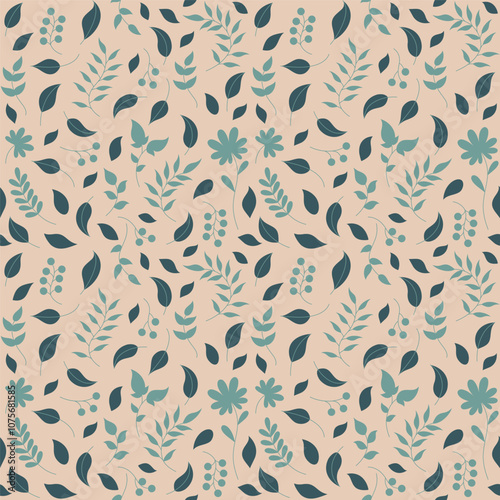 Seamless pattern with green leaves and flowers.