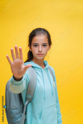 Young girl advocating for education equality and anti-bullying efforts, showing resilience and determination. Yellow background. Awareness poster. photo