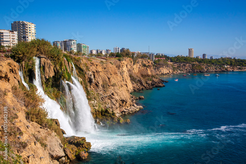 Fototapeta Naklejka Na Ścianę i Meble -  Waterfall Duden (Karpuzkaldiran selalesi) falling into the Mediterranean sea. Waterfall falling into sea.