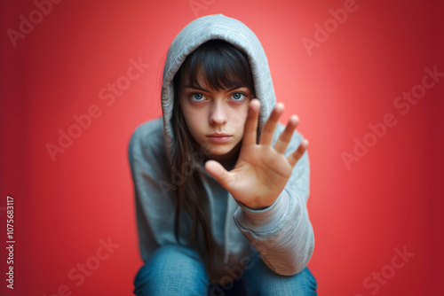 Determined young woman in a gray hoodie, raising her hand assertively in a 