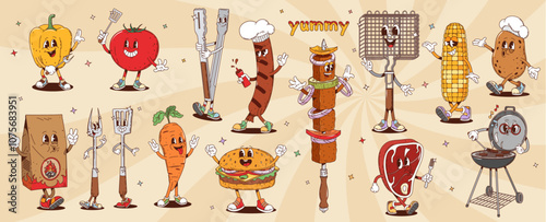 Retro groovy barbeque characters, cartoon bbq grill personages. Vector food and tools, bell pepper, tomato, meat steak and skewers, sausage, charcoal, burger and corn or potato with expressive faces