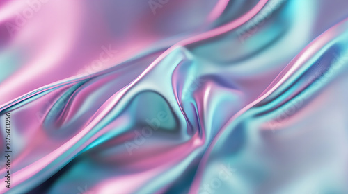 Colorful satin fabric draped smoothly to create waves in soft pastel hues of pink and blue, evoking a serene and elegant ambiance