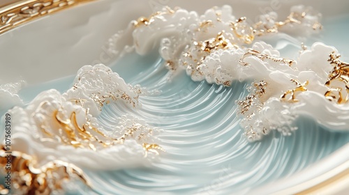 Closeup of an abstract ceramic wave with gold accents.