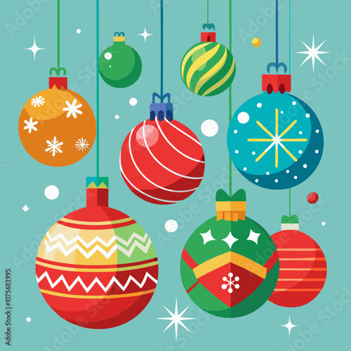 Colorful Christmas ornaments hang against a teal background, each decorated with different festive patterns such as stripes, snowflakes,
