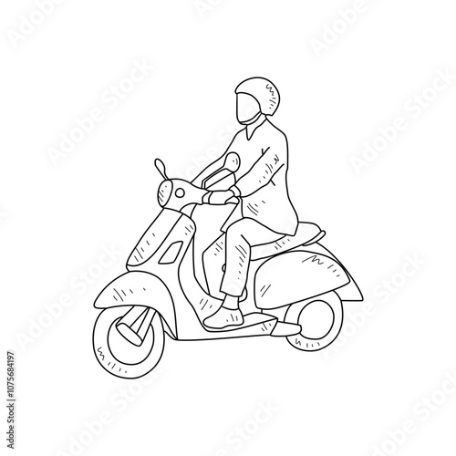 Sketch drawing of the people using motorcycle go to work with white background. Land transportation design in simple sketch style. Black and white vehicle design concept vector illustration.
