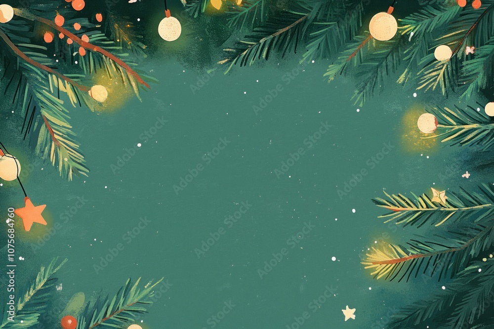 New Year's table decor, top view. Green branches with lights and decorative stars are lying around. New Year's table decor, top view. Green branches with lights and decorative stars are lying around.