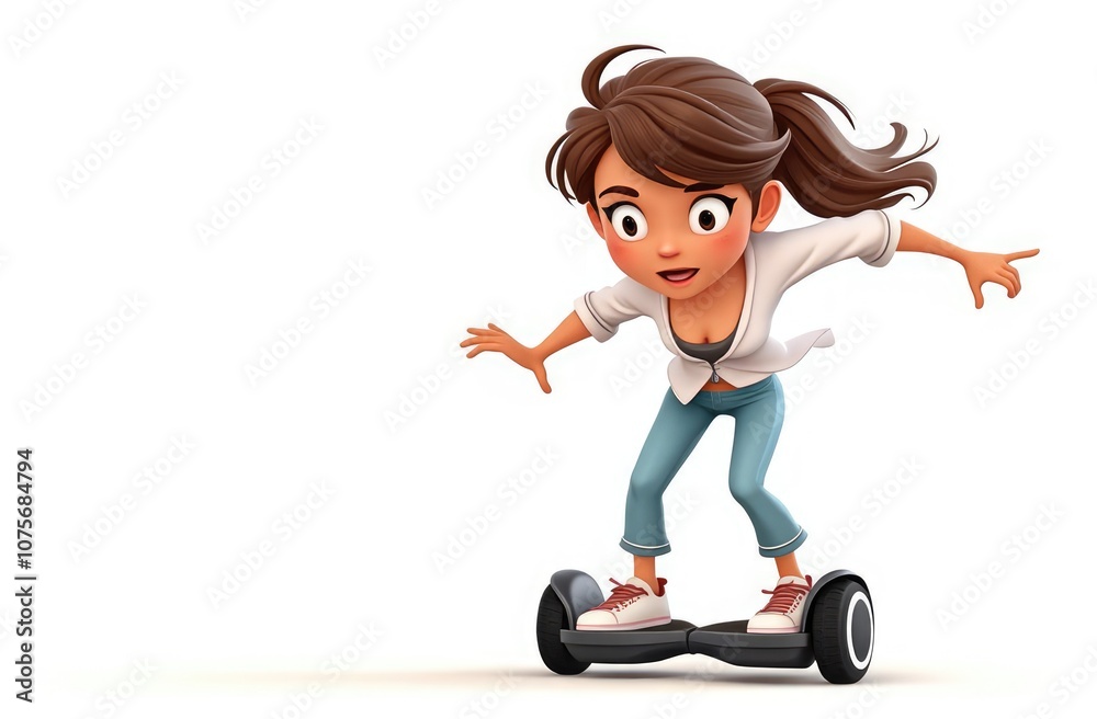 shocked young woman riding hoverboard with wind in hair, struggling to maintain balance, isolated on solid white background - cute funny cartoon illustration. active and fun lifestyle of youth