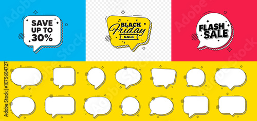 Flash sale chat speech bubble. Save up to 30 percent tag. Discount Sale offer price sign. Special offer symbol. Discount chat message. Black friday speech bubble banner. Offer text balloon. Vector