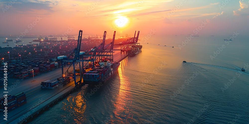 Cargo port at sunset with cranes, Shipping dock with industrial cranes, Harbor scene with sunset and containers, Industrial seaport with loading cranes
Cargo port at sunset with cranes, Shipping dock with industrial cranes, Harbor scene with sunset and containers, Industrial seaport with loading cranes