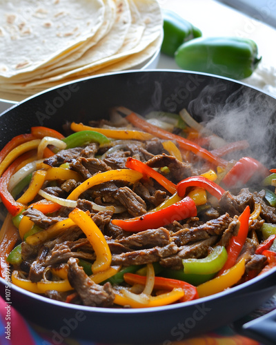 Colorful beef fajitas with bell peppers in sizzling skillet. photo