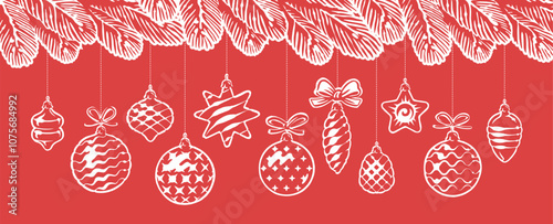 Festive decorations hanging on branches of Christmas tree. New year horizontal banner vector illustration