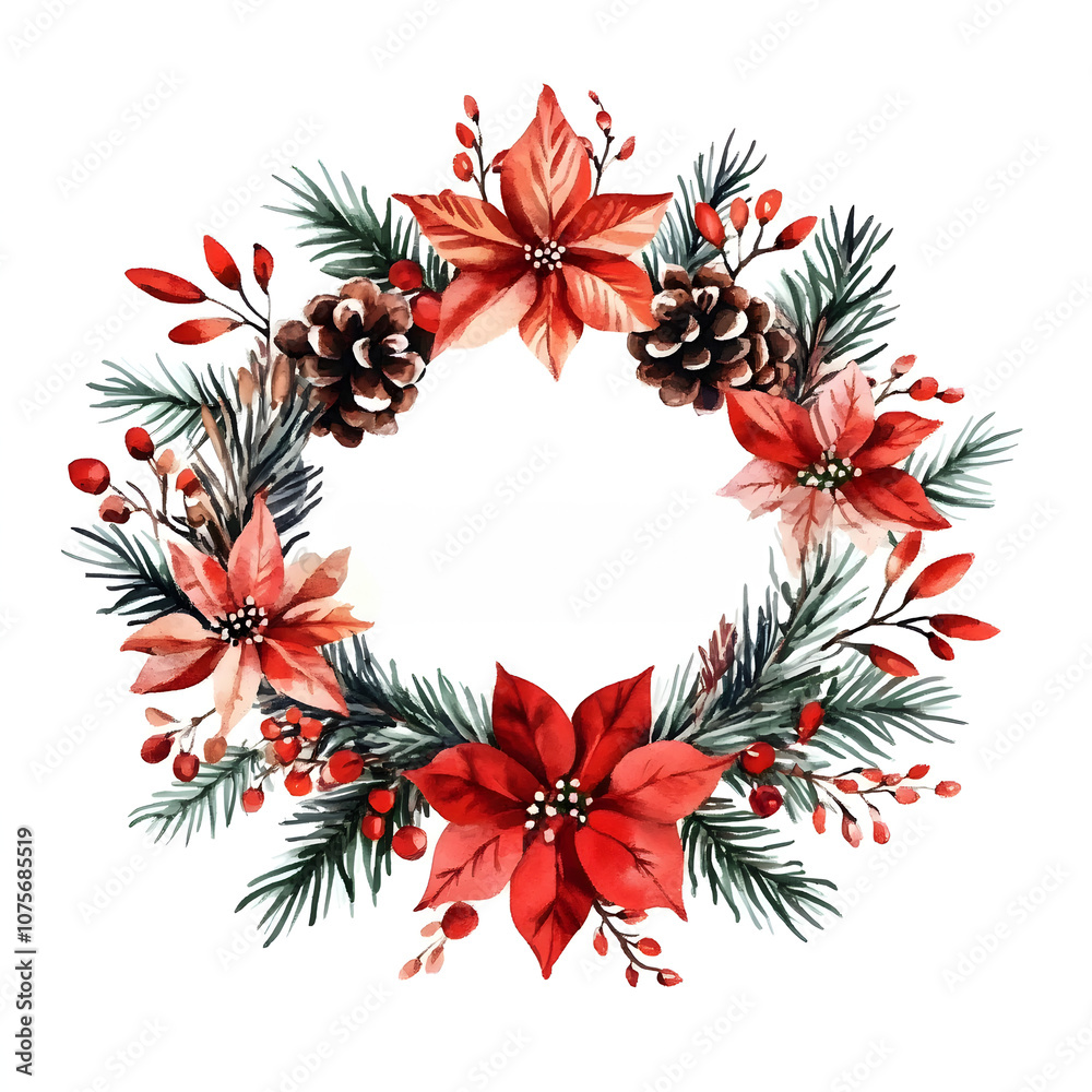 Fototapeta premium floral wreath christmas decoration watercolor on white