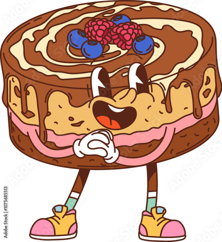 Groovy fruit cake or tart happy character. Restaurant pastry food cheerful cartoon mascot, holiday dessert or cafe sweet meal retro vector character. Chocolate cake with berries groovy happy personage