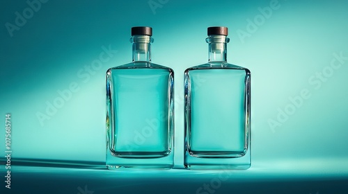  A pair of bottles rest atop a blue surface against a light blue background