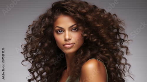 Elegant portrait of a woman with lush wavy brunette hair and subtle makeup on a neutral backdrop