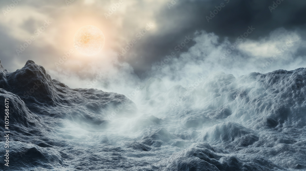 Fototapeta premium Raging ocean under a stormy sky, waves crashing dramatically as sunlight breaks through.