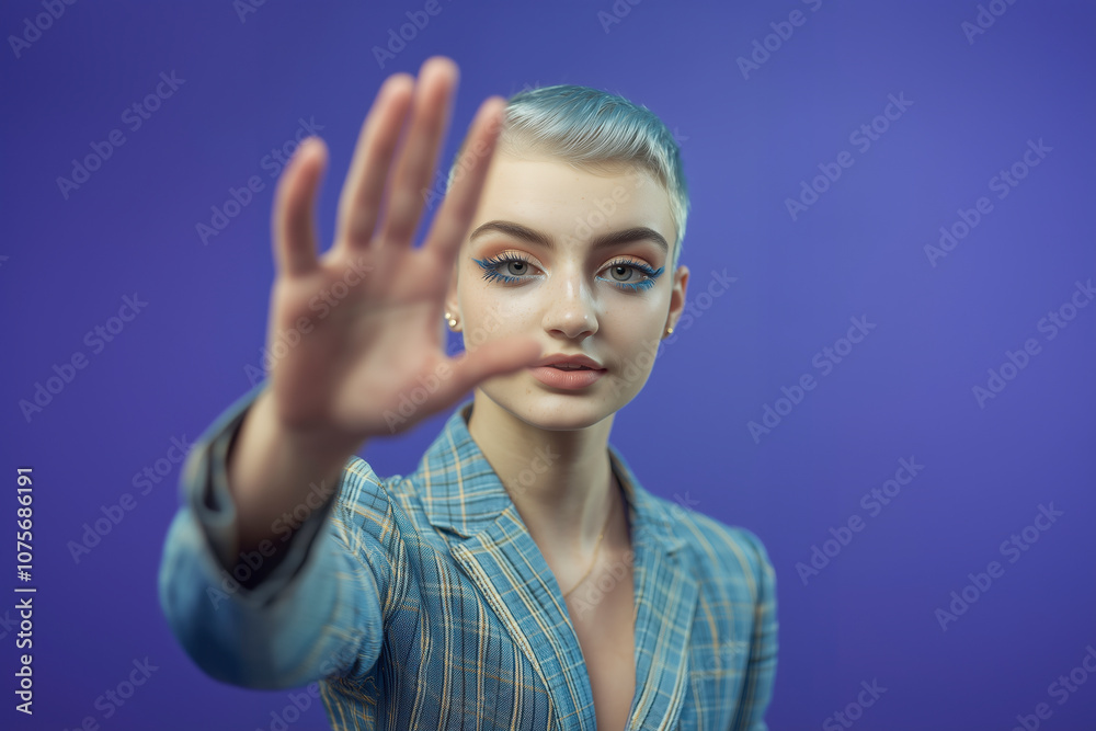 Young intersex individual with short, styled hair and bold eye makeup ...