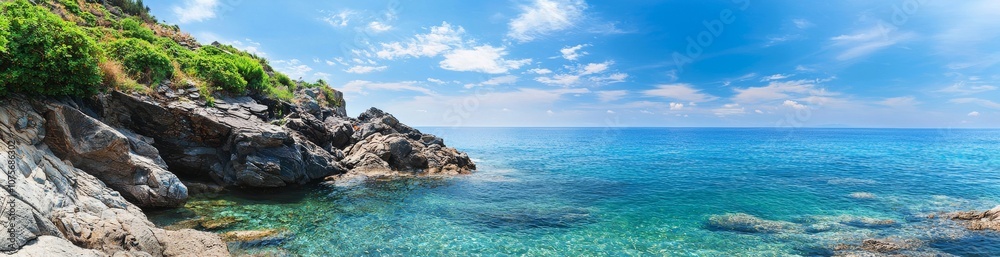 Bright blue sky, turquoise water, and rocky shores under a coastal landscape Bright blue sky, turquoise water, and rocky shores under a coastal landscape