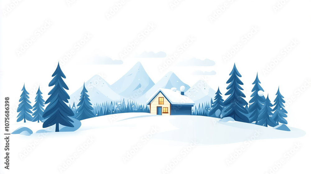 Small house in a snowy landscape surrounded by mountains and pine trees, simple and peaceful. Small house in a snowy landscape surrounded by mountains and pine trees, simple and peaceful.