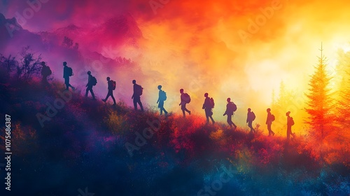 A group of people are walking up a hill