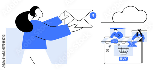 Person opens a mail envelope with three notifications, floating cloud symbol, e-commerce icons featuring shopping cart, buy button, cashback offer displaying human interaction with technology. Ideal