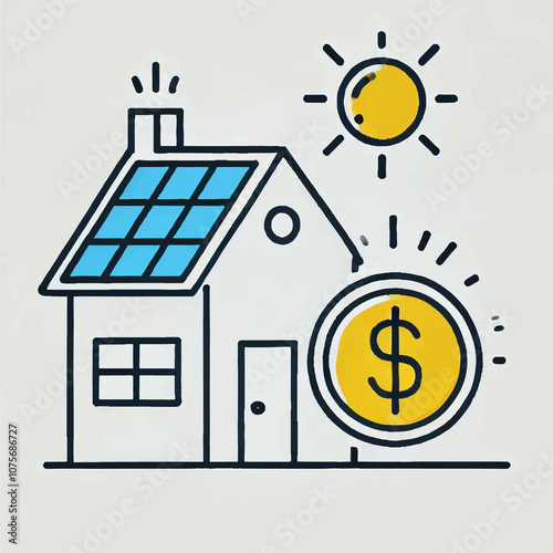 Minimalist Illustration of a Solar-Powered House with Energy Savings Icon