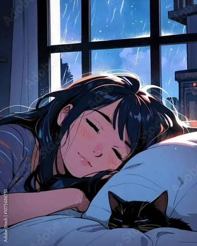 anime girl sleeping, lofi, rain, rainy, 4K resolution, peaceful, plant, night, sound, music, 4K Lofi Japanese Anime-style background animation video, anime lofi girl, lofi animation
