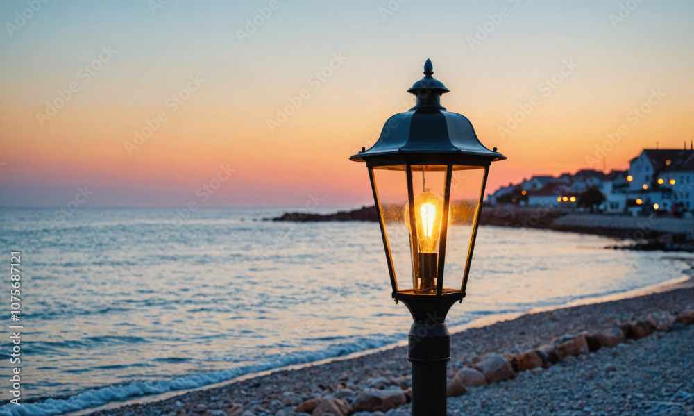 A single lamp post shines brightly on a beach at sunset A single lamp post shines brightly on a beach at sunset