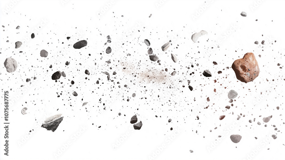 Fototapeta premium Tiny particles and debris floating in space, as if from a shattered object.