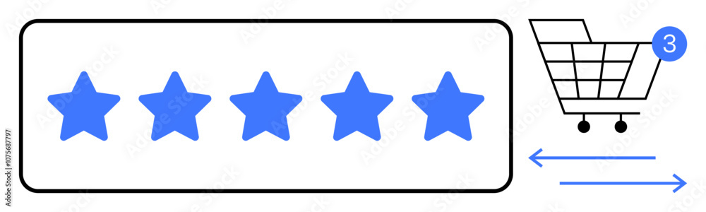 Five blue stars indicating high rating, shopping cart with three items, and left-right navigation arrows. Ideal for e-commerce, customer reviews, product rating, online shopping, quality feedback Five blue stars indicating high rating, shopping cart with three items, and left-right navigation arrows. Ideal for e-commerce, customer reviews, product rating, online shopping, quality feedback
