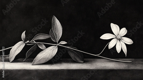   A monochromatic depiction of a bloom on a twig, adorned with foliage at its extremities photo