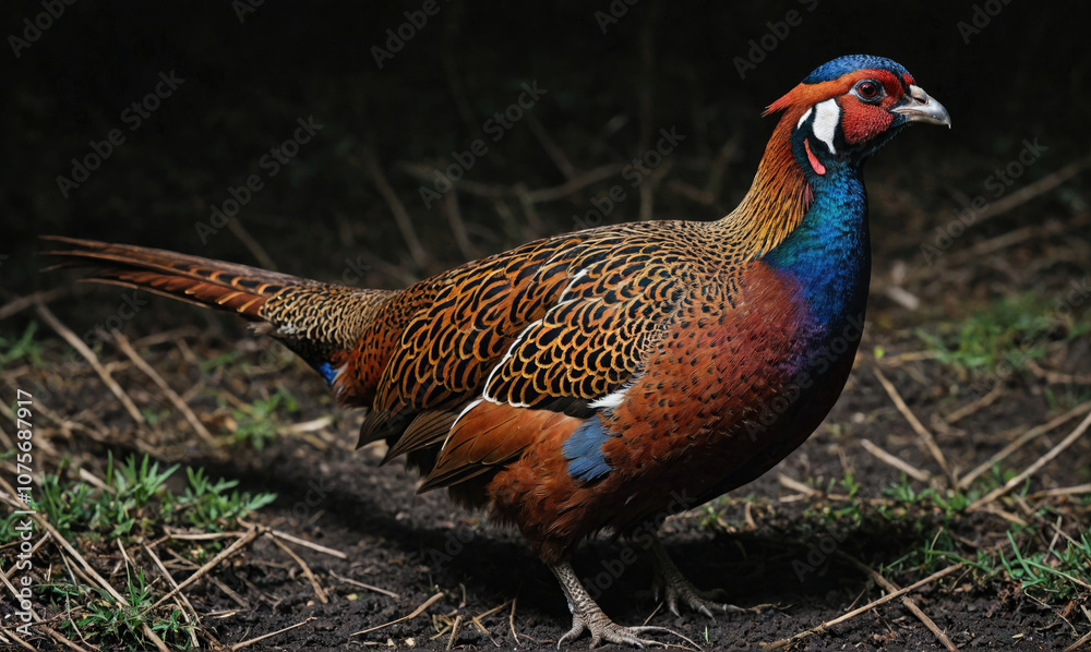 Fototapeta premium A colorful pheasant stands on the ground, its feathers blending with the natural surroundings