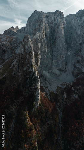 Rocky mountains in national park Prokletije in Montenegro in autumn season, aerial view. Breathtaking view of the mountain landscape. The Albanian Alps. photo