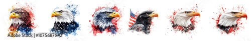 Eagles in various artistic styles, showcasing patriotic themes and colors. Each eagle represents strength and freedom, with unique designs and expressions photo