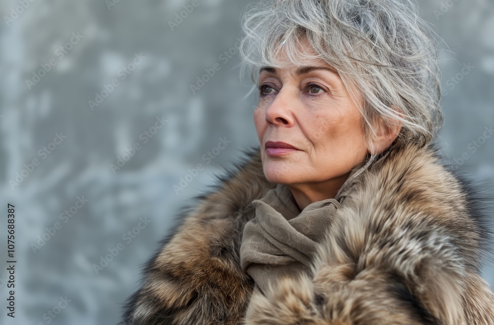 Elegant senior woman wearing fur coat posing in front of gray background Elegant senior woman wearing fur coat posing in front of gray background