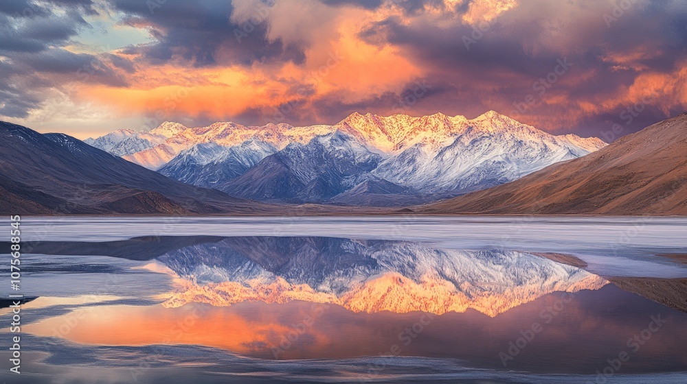 Fototapeta premium Winter sunset over the Himalayas, vibrant clouds reflecting fiery hues against majestic snow-capped peaks, serene atmosphere, breathtaking natural beauty