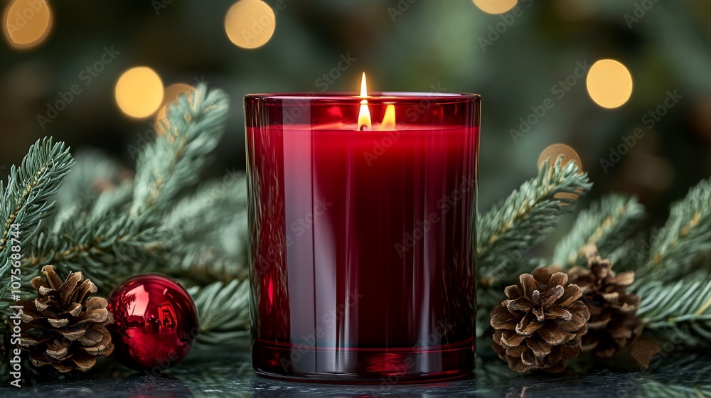 Red candle burning brightly with pine branches, pine cones, and Christmas ornaments in the background. Red candle burning brightly with pine branches, pine cones, and Christmas ornaments in the background.