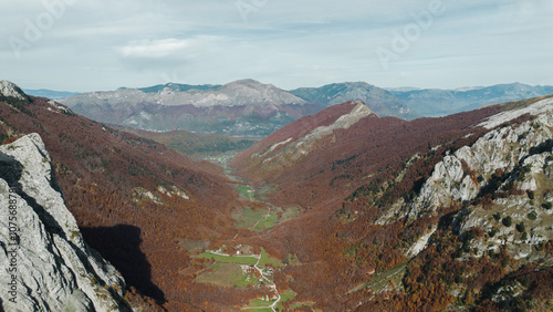 Rocky mountains in national park Prokletije in Montenegro in autumn season, aerial view. Breathtaking view of the mountain landscape. The Albanian Alps. photo