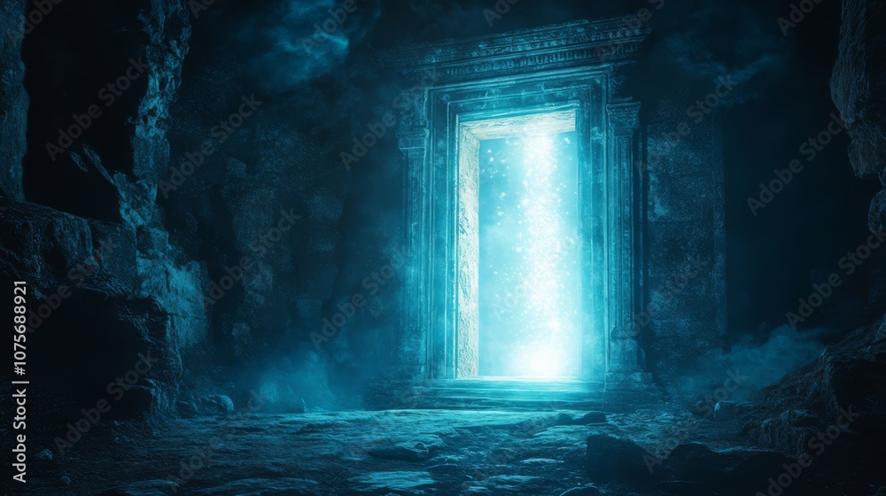 An ancient stone door glowing with bright light in a dark cave. An ancient stone door glowing with bright light in a dark cave.